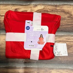 just be Red Plus Rib Notch Collar Button-Front Sleep Set